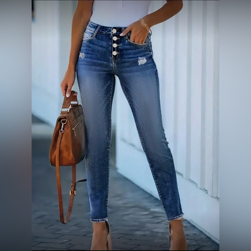 Brand New High Waisted Stretch Button Fly Crop Blue  Distressed Women's Jeans.